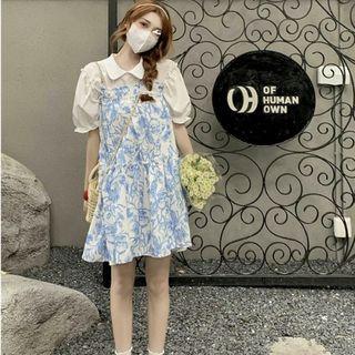 Short-sleeve Shirt / Spaghetti Strap Floral Print Midi Dress