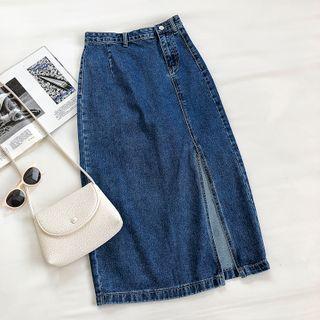 Plain High-waist Side Slit A-line Denim Skirt