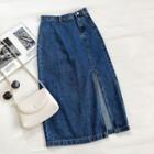 Plain High-waist Side Slit A-line Denim Skirt