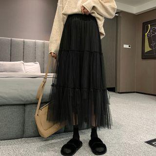 Elastic-waist Plain Mesh A-line Skirt