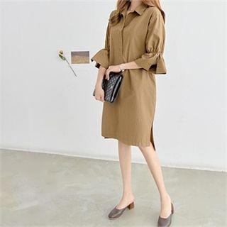 Collared 3/4-sleeve Frill-cuff Half-placket Midi Dress
