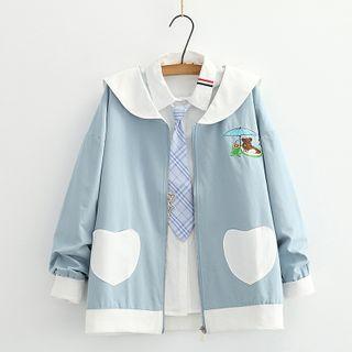 Contrast Collar Embroidered Zip Jacket / Long-sleeve Shirt / Set