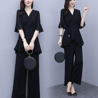 Set: V-neck Elbow-sleeve Blouse + Wide-leg Pants