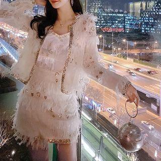 Fringed Open-front Jacket / Spaghetti-strap Mini Sheath Dress