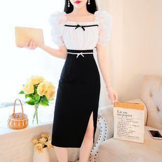Puff-sleeve Two-tone Sheath Dress