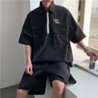Set: Embroidered Short-sleeve Oversized Cargo Shirt + Shorts