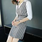 Elbow-sleeve Striped Panel Mini A-line Dress