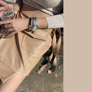 Pleather Flap-pocket Wrap Miniskirt Light Beige - One Size