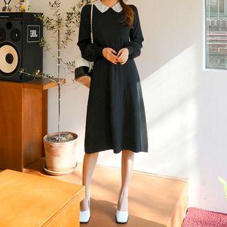 Lace-collar Bishop-sleeve Midi Dress Black - One Size