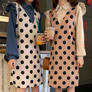 Set: Ruffle Trim Shirt + Polka Dot Pinafore Dress