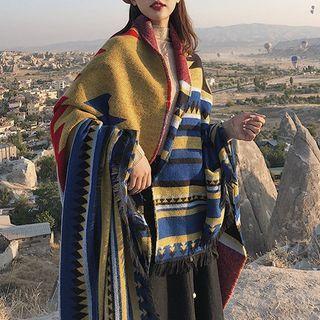 Patterned Shawl Mustard Yellow & Red & Blue & Black - One Size