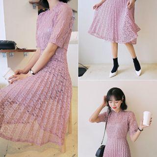Accordion-pleated Midi Lace Dress
