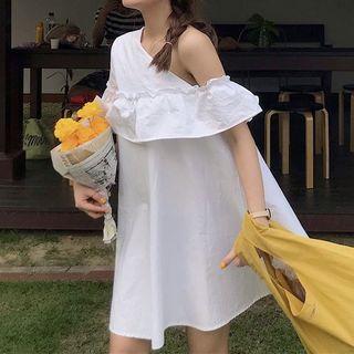 One-shoulder Ruffle Shift Dress White - One Size