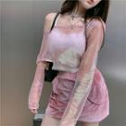 Long-sleeve Mesh Top / Lace Trim Camisole Top / Mini Pencil Skirt