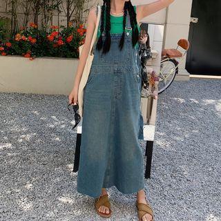 Washed Denim Midi Overall Dress Blue - One Size