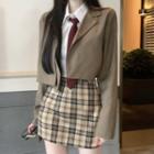 Cropped Open-front Blazer / Shirt / Tie / Plaid Mini Pencil Skirt