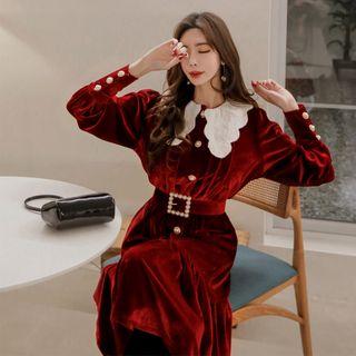 Lace-collar Faux-pearl Velvet Dress With Belt