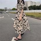 Puff-sleeve Floral Midi Smock Dress Floral - Black & White - One Size