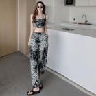 Leopard Print Cropped Camisole Top / Straight Leg Pants Black & White & Green - One Size