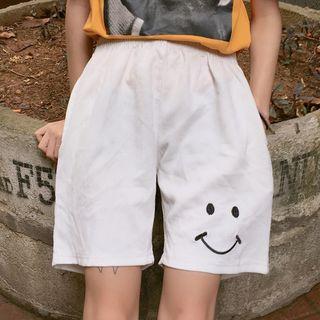 Smiley Embroidered Corduroy Wide Leg Shorts