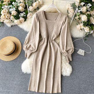Square-neck Puff-sleeve Ruffle Knit Dress