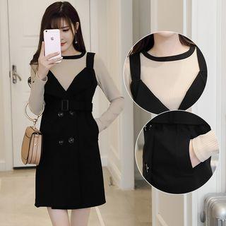 Set: Long-sleeve Knit Top + Sleeveless Tie-waist Mini Dress