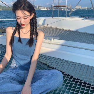 Chain Denim Cropped Camisole Top Blue - One Size