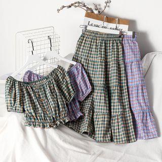 Check Off-shoulder Blouse / Midi Skirt