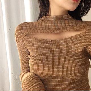 Striped Cutout Mock Neck Knit Top