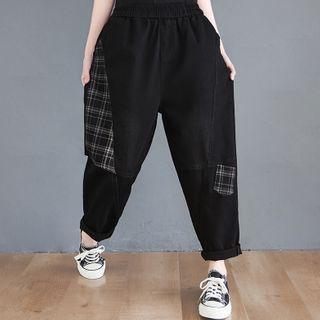 Plaid Panel Denim Dungaree Pants