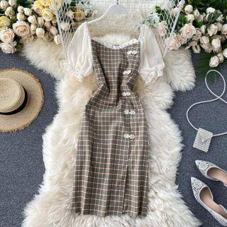Mesh Sleeve Plaid Midi Dress