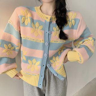 Striped Floral Cardigan Stripe - Blue & Pink - One Size