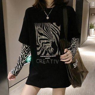 Mock Two-piece Long-sleeve Rhinestone Zebra Print T-shirt
