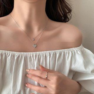 Rhinestone Layered Heart Necklace Silver - One Size