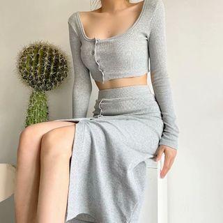 Plain Long-sleeve Cardigan + Plain High-waist Side-slit Skirt