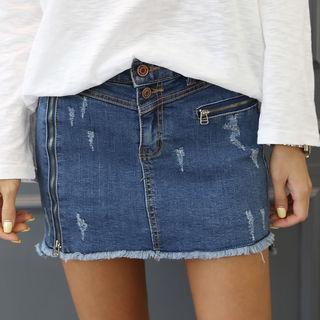 Inset Shorts Zipped Denim Mini Skirt