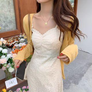Spaghetti Strap Lace Midi Dress / Long-sleeve Light Cardigan