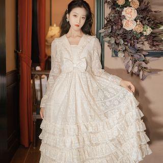 Long-sleeve Lace Layered Midi A-line Dress