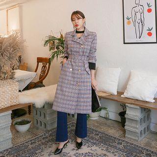 Belted Double-breasted Plaid Trench Coat