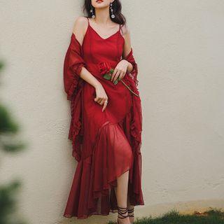 Set: Spaghetti Strap Ruffle Midi A-line Dress + Light Jacket