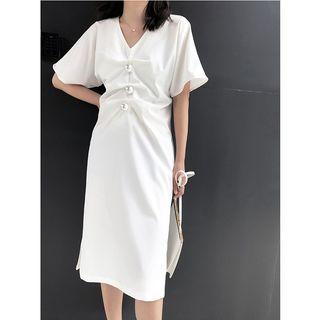 Short-sleeve Faux Pearl Button Sheath Dress White - One Size