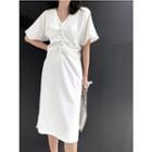 Short-sleeve Faux Pearl Button Sheath Dress White - One Size