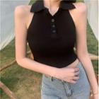 Sleeveless Henley Collared Top