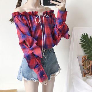 Ruffle Long-sleeve Off-shoulder Plaid Blouse
