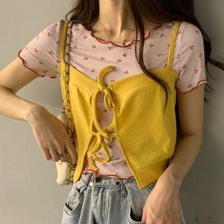 Short-sleeve Cherry Print Top + Lace-up Strap Top As Shown In Figure - One Size