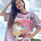 Short-sleeve Round-neck Cat Print T-shirt Purple - One Size