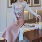 Set: Spaghetti Strap A-line Dress + Long-sleeve Tie-front Crop Top