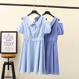Short-sleeve Cold Shoulder Ribbon Back A-line Dress