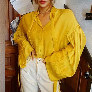 Drawstring Long-sleeve Blouse Yellow - One Size