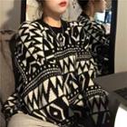 Geometric Patterned Round Neck Sweater Black - One Size